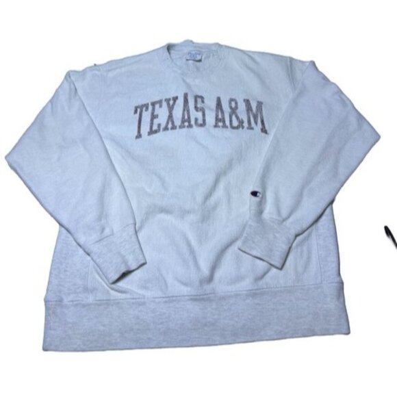 Vintage Champion Reverse Weave White Crew Neck Pullover Sweater Texas A&M L - Picture 1 of 8